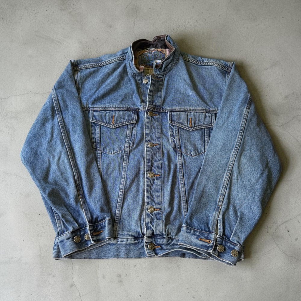 Vintage 90s Dunbrooke Upstream Denim Jacket Leather Collar Plaid Lined M Trucker